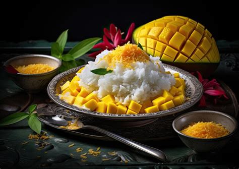 Un Riz Gluant La Mangue Accompagn D Une Cr Me De Coco Photo Premium