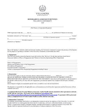 Fillable Online Www1 Villanova HONORARIUM BAGREEMENTb BETWEEN VILLANOVA