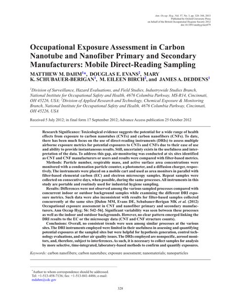 Pdf Occupational Exposure Assessment In Carbon Nanotube And Nanofiber