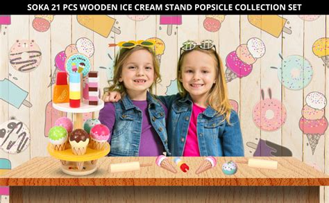 Soka Wooden 16 Pieces Ice Cream Stand Popsicle Collection Pretend Role