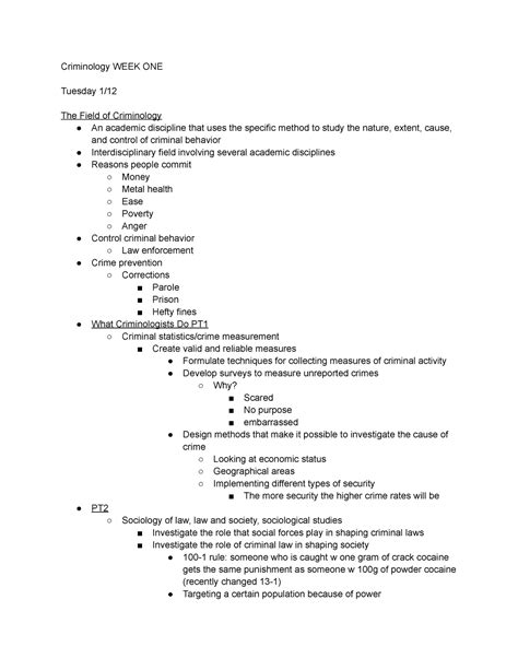 Criminology Chapter Lecture Notes Criminology Week One Tuesday