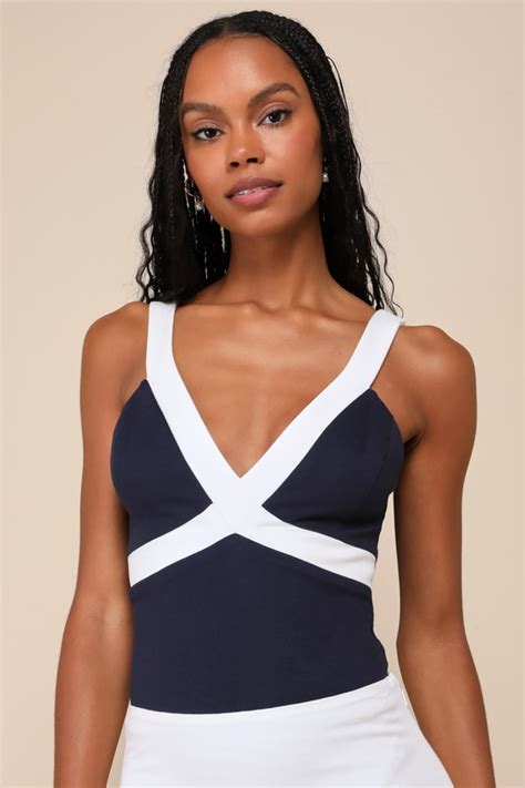 Chic Navy Bodysuit Color Block Bodysuit V Neck Bodysuit Lulus