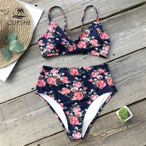 CUPSHE Flora Print High Waist Bikini Set Women V Neck Backless Two