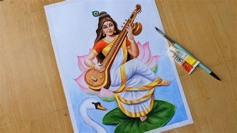 How To Paint Saraswati Mata Watercolour Painting Saraswati Puja