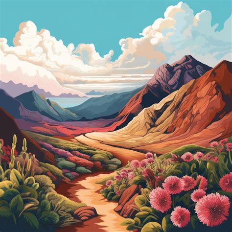 Pintura de un paisaje de montaña con un camino por el valle generativo