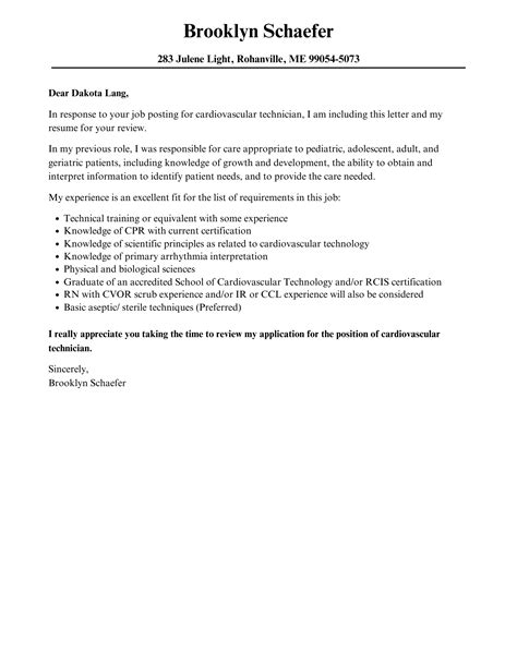 Cardiovascular Technician Cover Letter Velvet Jobs