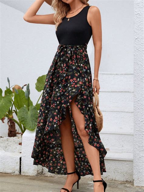 Ditsy Floral Print Ruffle Trim Wrap Hem Belted Dress Abiti Estivi