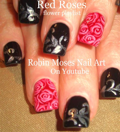 Robin Moses Nail Art Red Roses On Black Tips Roses Do It Yourself