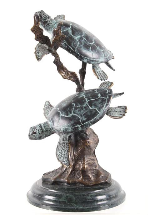 Bronze Swimming Sea Turtles Statue W Marble Base Sold At Auction On