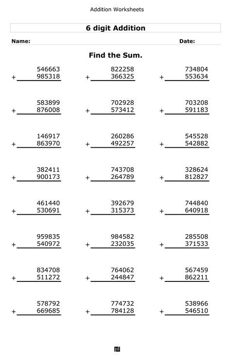 6 Digit Plus 6 Digit Addition 7 Digit Plus 7 Digit Addition 8 Digit Plus 8 Digit Addition 9