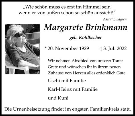 Traueranzeigen Von Margarete Brinkmann Wirtrauern