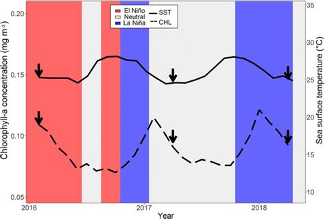 Time Series Of Monthly Mean Chlorophyll A Concentration Chl Dashed Download Scientific