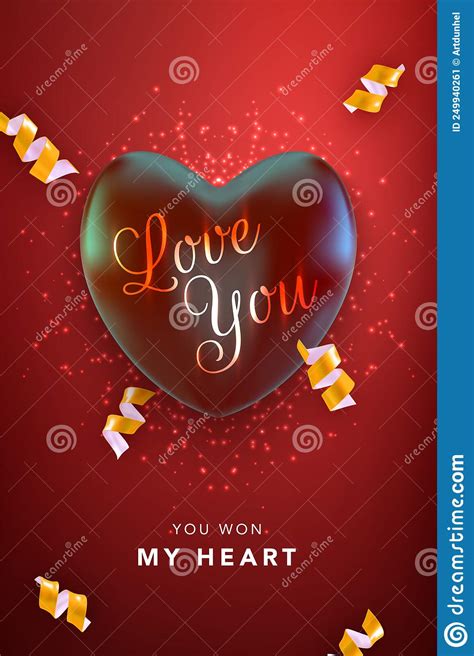 Happy Valentines Day Greeting Card With Red Heart And Ribbons Vector