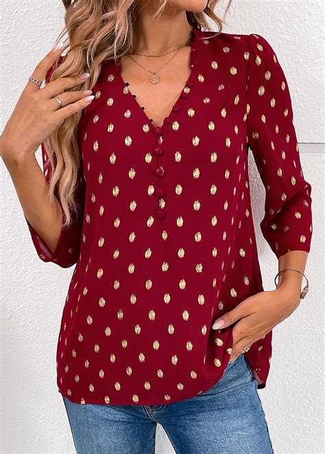 Rotita Hot Stamping Wine Red V Neck Blouse Rotita Usd