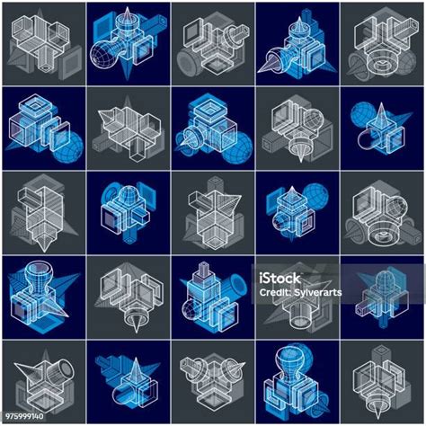 bentuk tiga dimensi abstrak diatur desain vektor ilustrasi stok