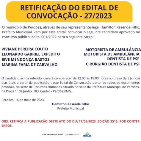 RETIFICAÇÃO DO EDITAL DE CONVOCAÇÃO 27 2023 Prefeitura Municipal de