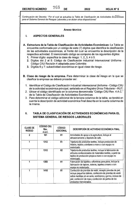 Anexo Decreto 768 De 2022 Clasificacion Riesgo Decreto NÚmero 768 De