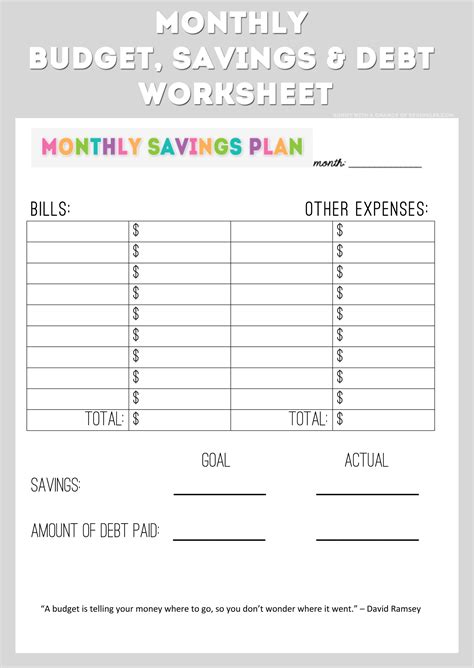 Monthly Savings, Budget and Debt Printable Worksheet to manage your