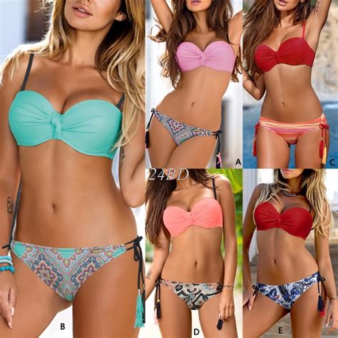 Women Sexy Solid Bra Floral Print Low Waist Thongs Bikini Set Two Piece