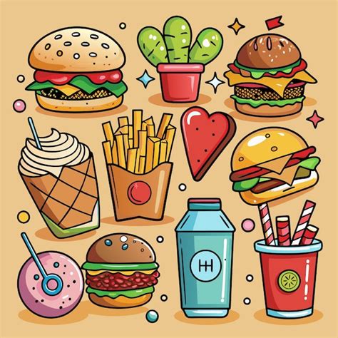 Premium Vector Colorful Cartoon Fast Food Icons Set