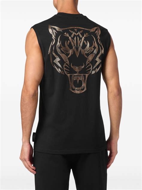 Plein Sport Tiger Print Round Neck Tank Top Black FARFETCH