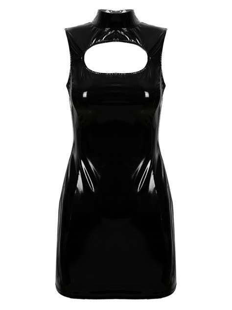 Women Sexy Wet Look Pvc Leather Mini Dress Zipper Bodycon Party Dress