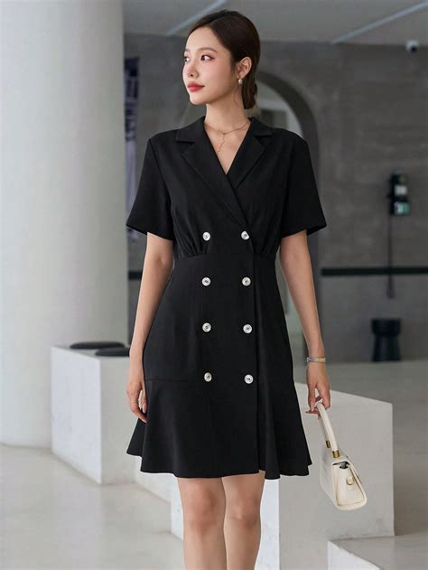 Dazy Lapel Collar Double Breasted Ruffle Hem Dress Shein Singapore