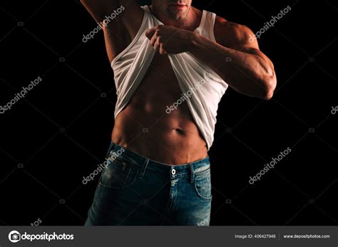 Naked Man Handsome Shirtless Muscular Man Standing In Studio Isolated