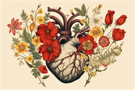 Valentines Day Card Anatomical Heart With Flowers Stock Image Image