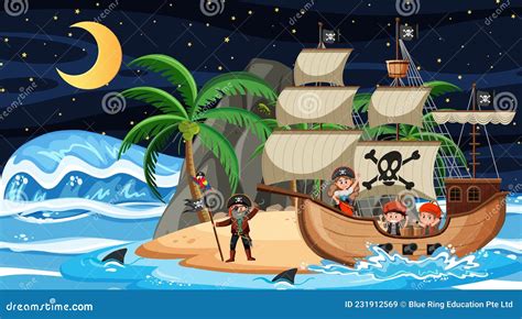 Island With Pirate Ship At Night Scene In Cartoon Style Stock Vector