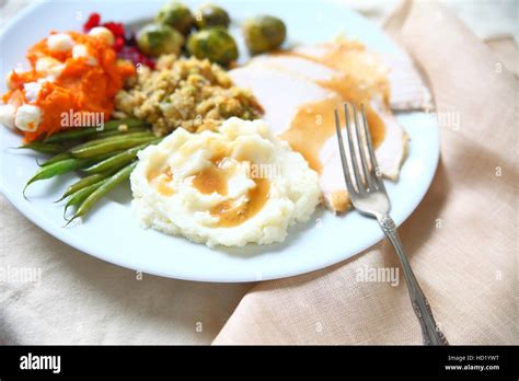 Turkey Dinner With Stuffing Gravy Mashed Potatoes Green Beans Sweet