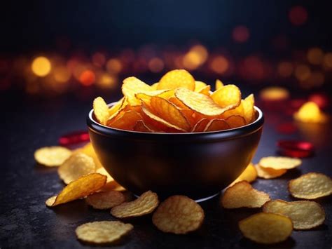 Premium Ai Image Crispy Potato Chips In A Bowl Neon Dark In The