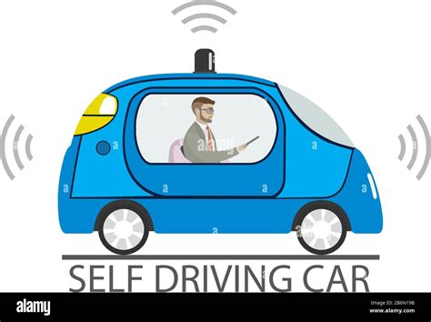 Self Driving Car With Male Passenger Cartoon Autonomous Blue Auto