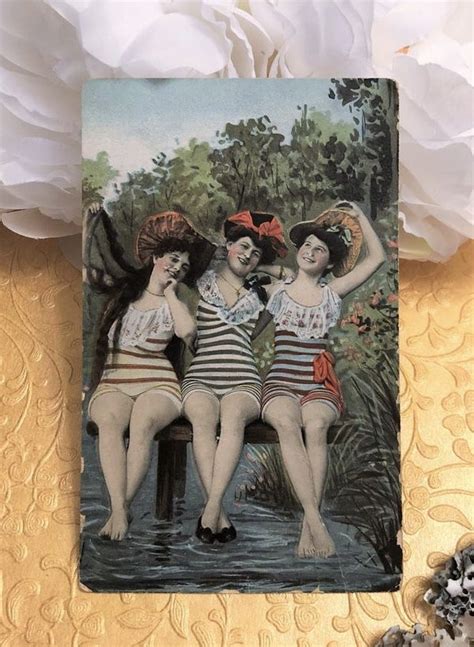 Bathing Beauties Antique Postcard C 1910 Edwardian Striped Etsy