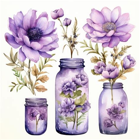 Premium AI Image Collection Of Watercolor Mason Jars With Purple