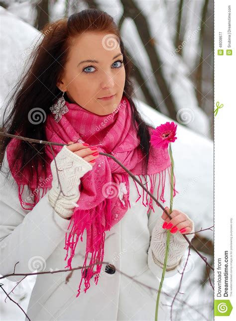 Beautiful Girl Smiling Frost Winter Stock Image Image Of Brunette Forest 48008677