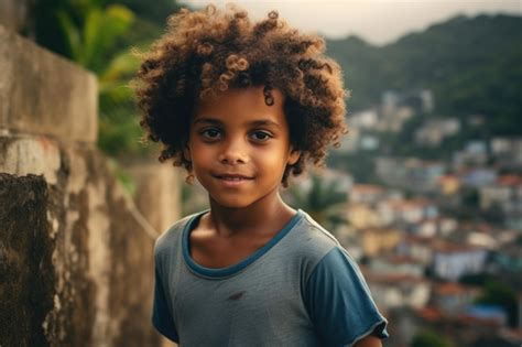 Un Gar On Afro Am Ricain Sur Fond De Montagnes Et De Favelas Photo