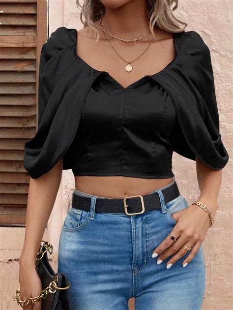 Sweetheart Neck Puff Sleeve Crop Blouse Shein Usa