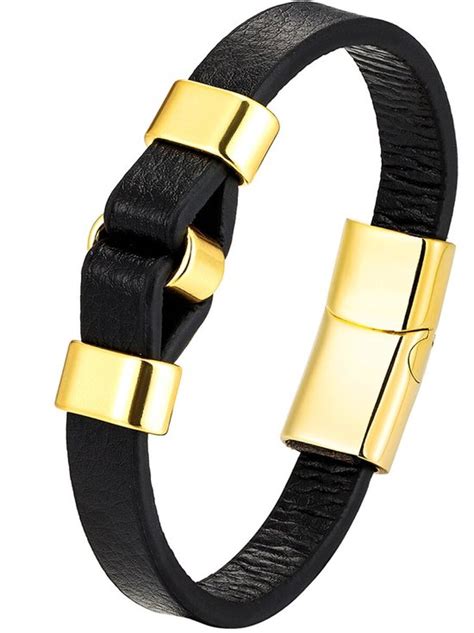 Stoere Heren Armband Zwart Leer Met Goud Kleurige Accenten Armband