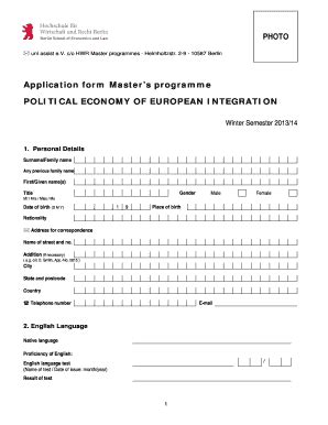 Fillable Online Application Form Master S Programme Political Hwr