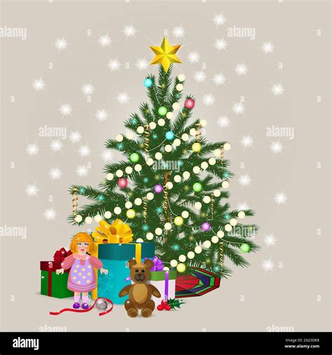 Christmas tree with a star and gifts, doll, Teddy bear, tinsel, boxes ...