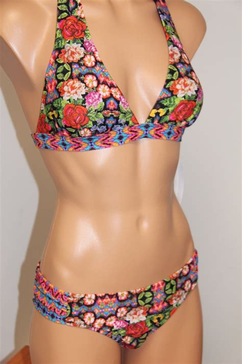 NWT Jessica Simpson Swimsuit Bikini 2 Pc Set Sz S BLK Multi Halter EBay