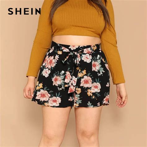 Shein Plus Size Boho Slant Pocket Floral Print Belted Women Shorts 2019