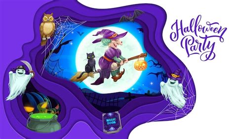 Premium Vector | Halloween paper cut witch and ghost characters art