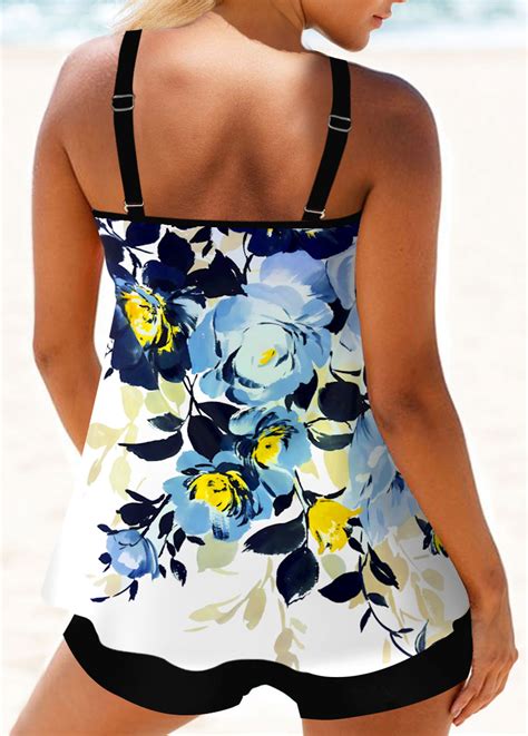 Floral Print Circular Ring Black Tankini Top Rosewe USD 28 98