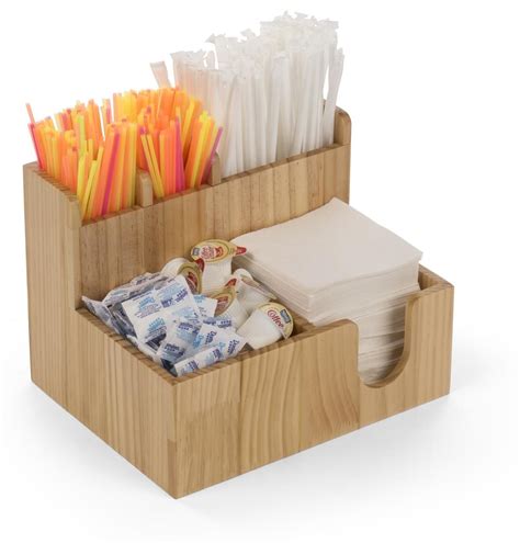 Straw Napkin Condiment Organizer Compartments Tabletop Pine