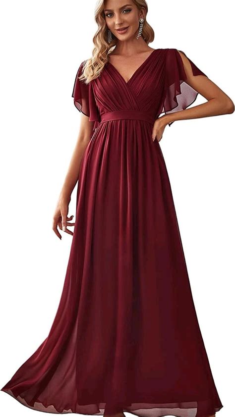 Ever Pretty Womens V Neck Ruffle Sleeves Ruched Bust Chiffon Floor