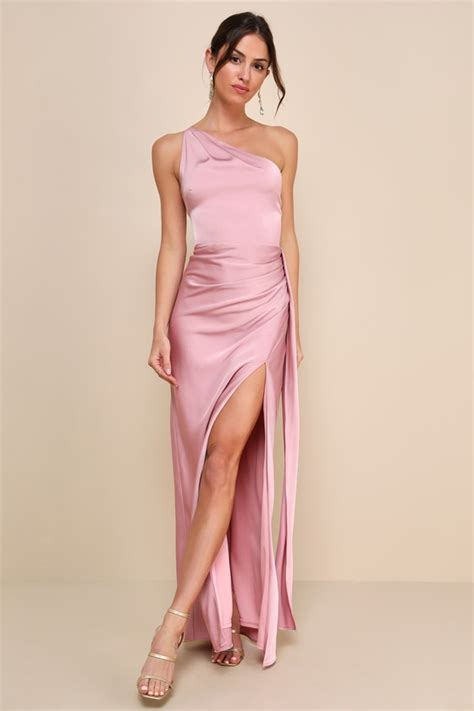 Rose Satin Dress Pleated Maxi Dress One Shoulder Dress Lulus