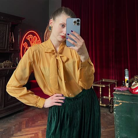 Vintage Mustard Yellow Sheer Pussy Bow Blouse Chiffon Bow Tie Collar