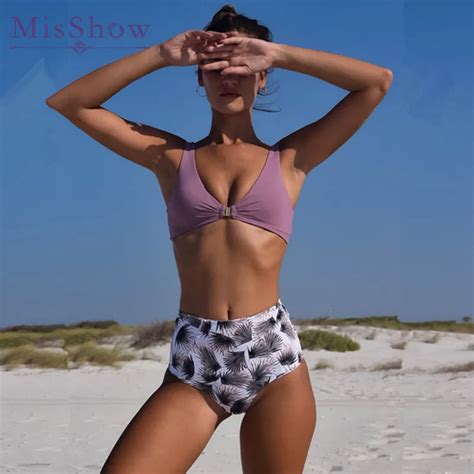 2019 Misshow Front Buckle Bikini Strap Purple Floral Printed Swimwears